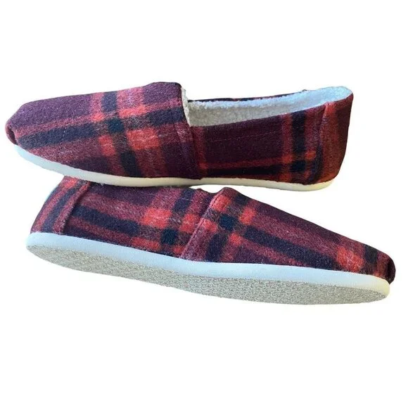 TOMS Womens 9.5 Belmont Red Plaid with Faux Shearling Slip On Shoes New‎ - Picture 6 of 6
